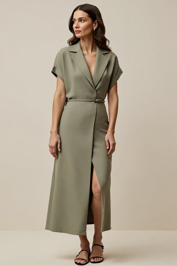 Notched Lapel Grey Green Sheath Work Dress With Slit